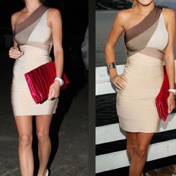 Herve Leger One Shoulder Mini Bandage Dress Ombré Tan Brown Size XS - Picture 12 of 12